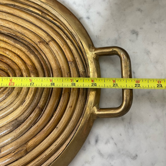 Mcm Italian pencil reed & brass oval serving tray, in style of Gabriella Crespi